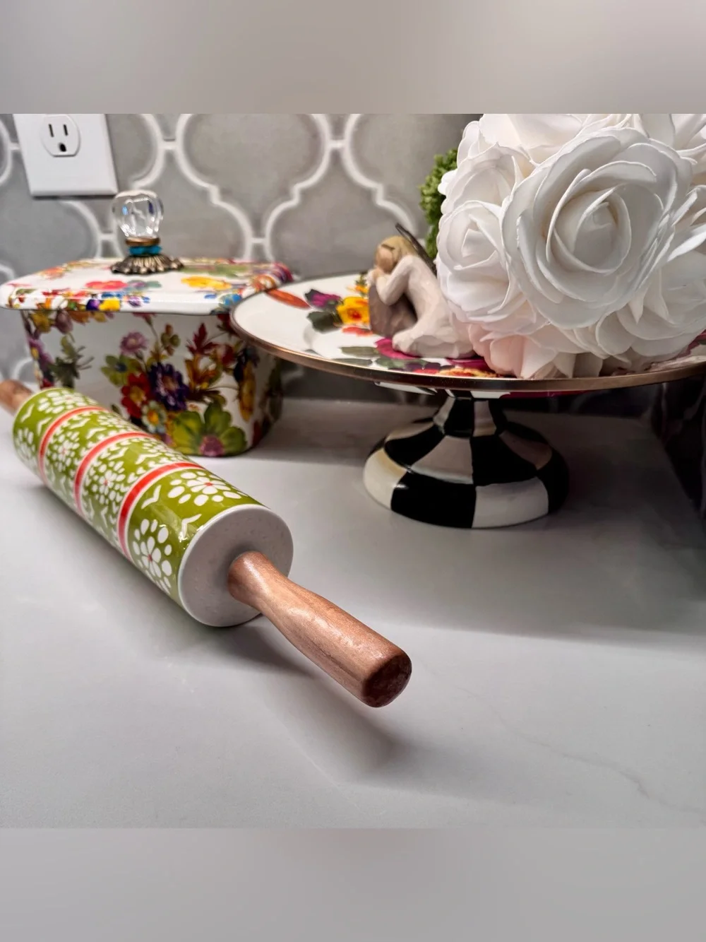 Retired Anthropologie Green Floral Ceramic Rolling Pin